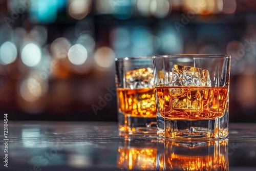 Two glasses of whiskey on the rocks with ice cubes on a bar counter