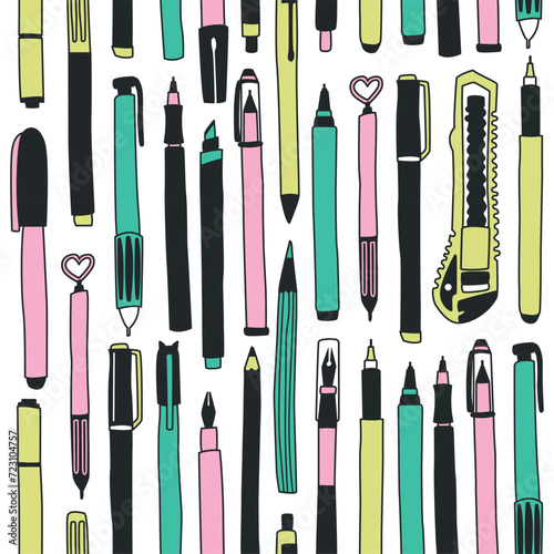 Vector seamless pattern with office supplies. Pens, pencils, stationery knife, liners, felt-tip pens. Set of isolated elements on a white background. Cartoon hand drawn style.