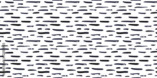 Thin horizontal lines pattern on white background. Hand drawn small black dash seamless texture. Black linear ornament. Memphis style background with brush stripes. Abstract modern vector texture