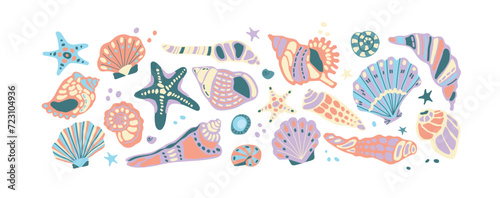 Hand drawn vector set of seashells. Multicolored sea isolated elements. Ornamented sea creatures. Set for designing cards, patterns, prints. Cartoon style starfish, shells, sea set.
