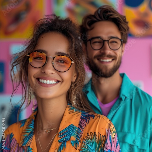 A smiling woman in glasses and man standing nearby, colored designer clothing. Generative AI. © visoot