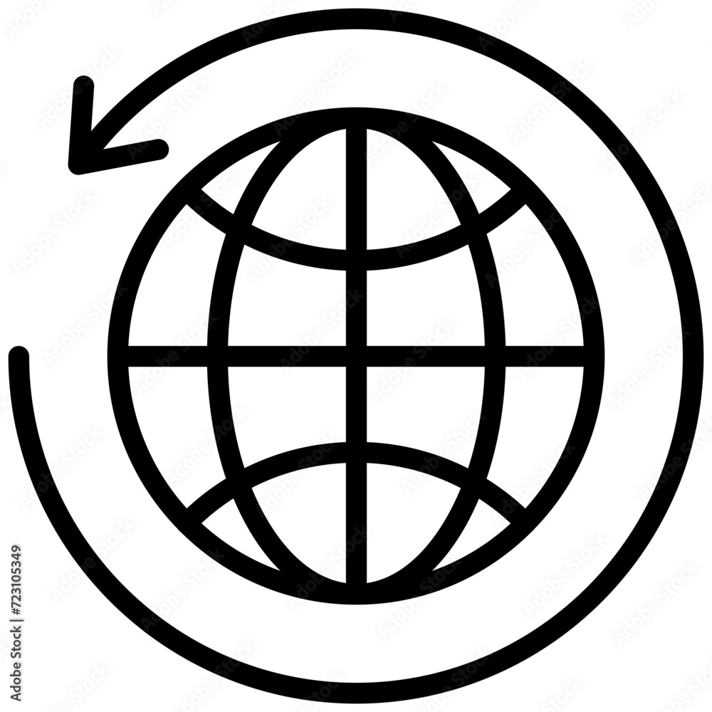 Globe with sync arrow icon, lined icon vector, black and white outline icon symbol. Globe with sync arrow icon, lined icon vector, black and white outline icon symbol.