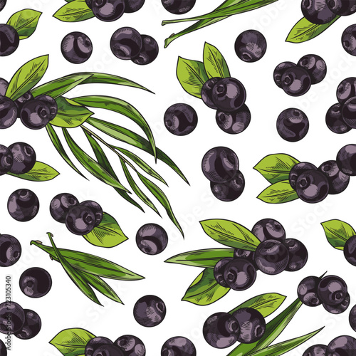Acai berry and leaves seamless pattern vector illustration design