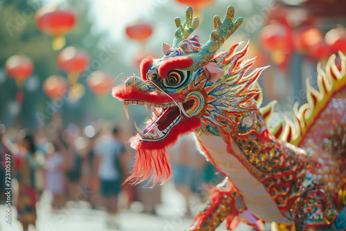 A traditional Chinese dragon head dance of a street. Celebration of Chinese New Year festival