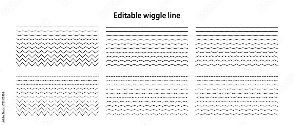 Editable wiggle lines. Set of wavy curves and zigzag intersecting horizontal strokes. Transition from a straight line to a wavy one. Geometric design elements for your projects. Vector illustration - obrazy, fototapety, plakaty 
