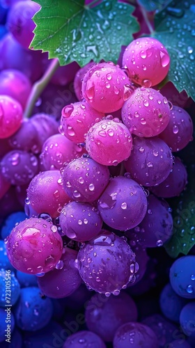 Grape with water drops close up, background. Bunch of ripe blue grapes with leaves. Realistic, detailed for grocery product package, advert