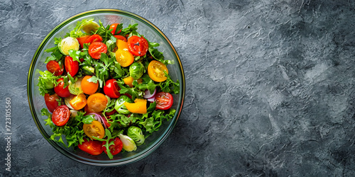 In a transparent glass bowl, a delicious and healthy salad of fresh vegetables. The concept of proper nutrition, fitness diet, health care. Top view, banner