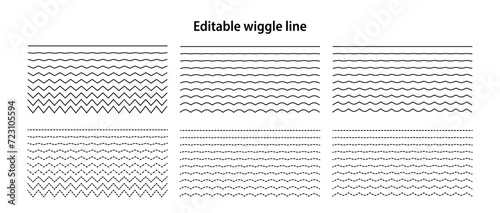 Editable wiggle lines. Set of wavy curves and zigzag intersecting horizontal strokes. Transition from a straight line to a wavy one. Geometric design elements for your projects. Vector illustration photo