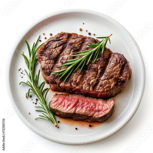 Beef Steak Grilled Fillet Meat with rosemary on plate, 3d cutout minimal isolated on white background. Realistic roasted beef steak, icon, detailed for restaurant, menu, advert or package