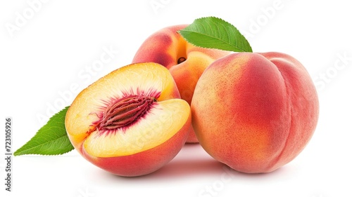 Peach Fresh Cutout Minimal isolate on white background. Peach whole with leaf and slice, closeup. Summertime concept for package, grocery product advertising