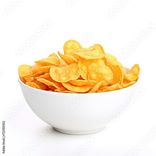 Potato Chips Organic Crinkle Ready to Eat Snack. Realistic potato chips in bowl isolated on white background, icon, detailed. Grocery product package, menu, advert