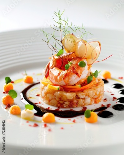 Fototapeta Naklejka Na Ścianę i Meble -  Molecular Modern Cuisine, Shrimp with Caviar, realistic. Haute cuisine gourmet appetizer, close up, decorated, minimal. For restaurant, menu, advert or package