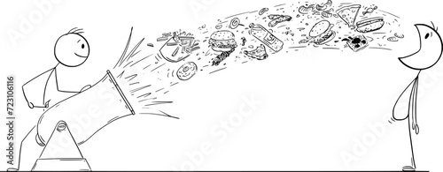 Unhealthy Junk Food and Overweight, Vector Cartoon Stick Figure Illustration