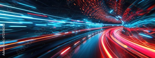 Visualizing a high-speed data stream with glowing light trails traversing through a digital tunnel.