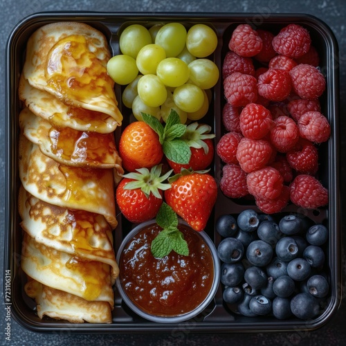 Snacks in box  Pancakes  Fruits  texture close up. Fruit mix  appetizers. Product snacks advertising