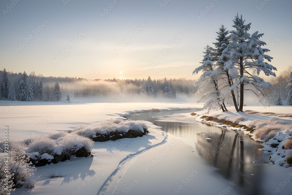winter landscape with trees and snow and a lake