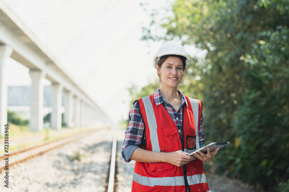 Portrait of railway female engineer in vest and helmet safety holding tablet working and maintenance railroad track for rail train transport Portrait of railway female engineer in vest and helmet safety holding tablet working and maintenance railroad track for rail train transport