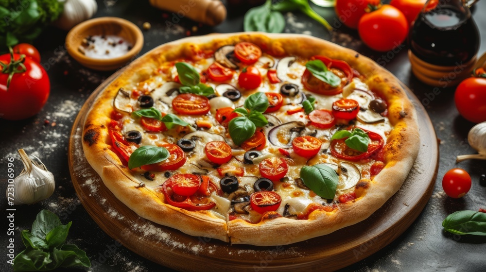 Vegetarian Pizza with Cherry Tomatoes, Olives, and Mushrooms - Healthy Choice