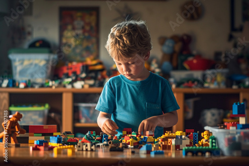 Young Boy Engaged in Lego Play on Table