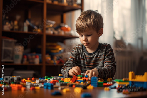 Young Boy Building Lego Structures on Table