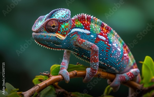 Colorful Chameleon on Green Branch