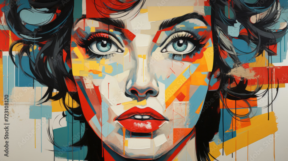 Pop art woman, vibrant colors and retro style. Playful, energetic and visually striking illustration of a woman in the iconic pop art fashion. A modern twist on classic pop culture aesthetics.