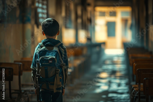 Young Boy With Backpack in Hallway