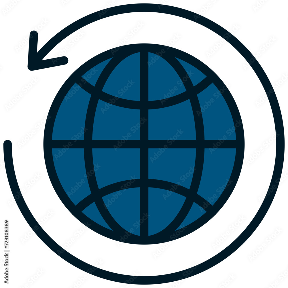 Globe with sync arrow icon, flat design style icon, colour icon vector illustration. Globe with sync arrow icon, flat design style icon, colour icon vector illustration.