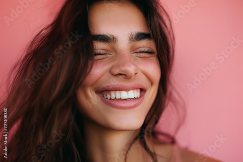 Close Up of Person Smiling With Pink Background
