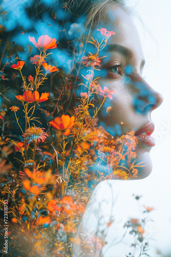 Side profile female face and a colorful bouquet of flowers and mens faces, double exposure portrait. Generative AI.
