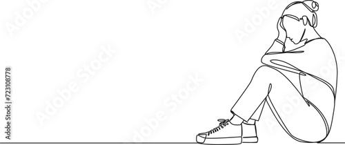 continuous single line drawing of sad and stressed woman sitting on floor holding her head, line art vector illustration