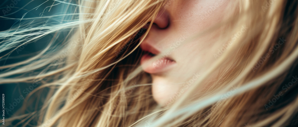 Wind-swept golden locks partially veil a woman's profile in a blur of movement and grace Wind-swept golden locks partially veil a woman's profile in a blur of movement and grace