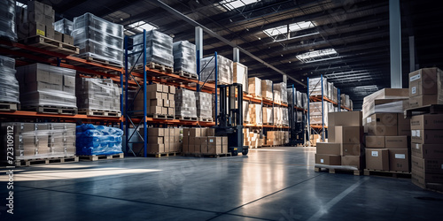 Retail warehouse full of shelves with goods in cartons, with pallets and forklifts. Logistics and transportation background. Product distribution center concept