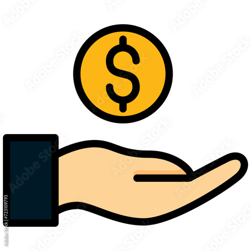 Hand with dollar coin icon,outline flat design style icon, outline colour icon vector illustration.