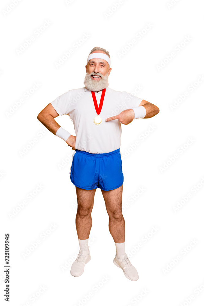 Obraz premium Full length of active cool funny competitive grandpa showing off his reward. Body, health, care, lifestyle, game, challenge, champ, hero, leisure, training, workout, strength, power, motivation, pride