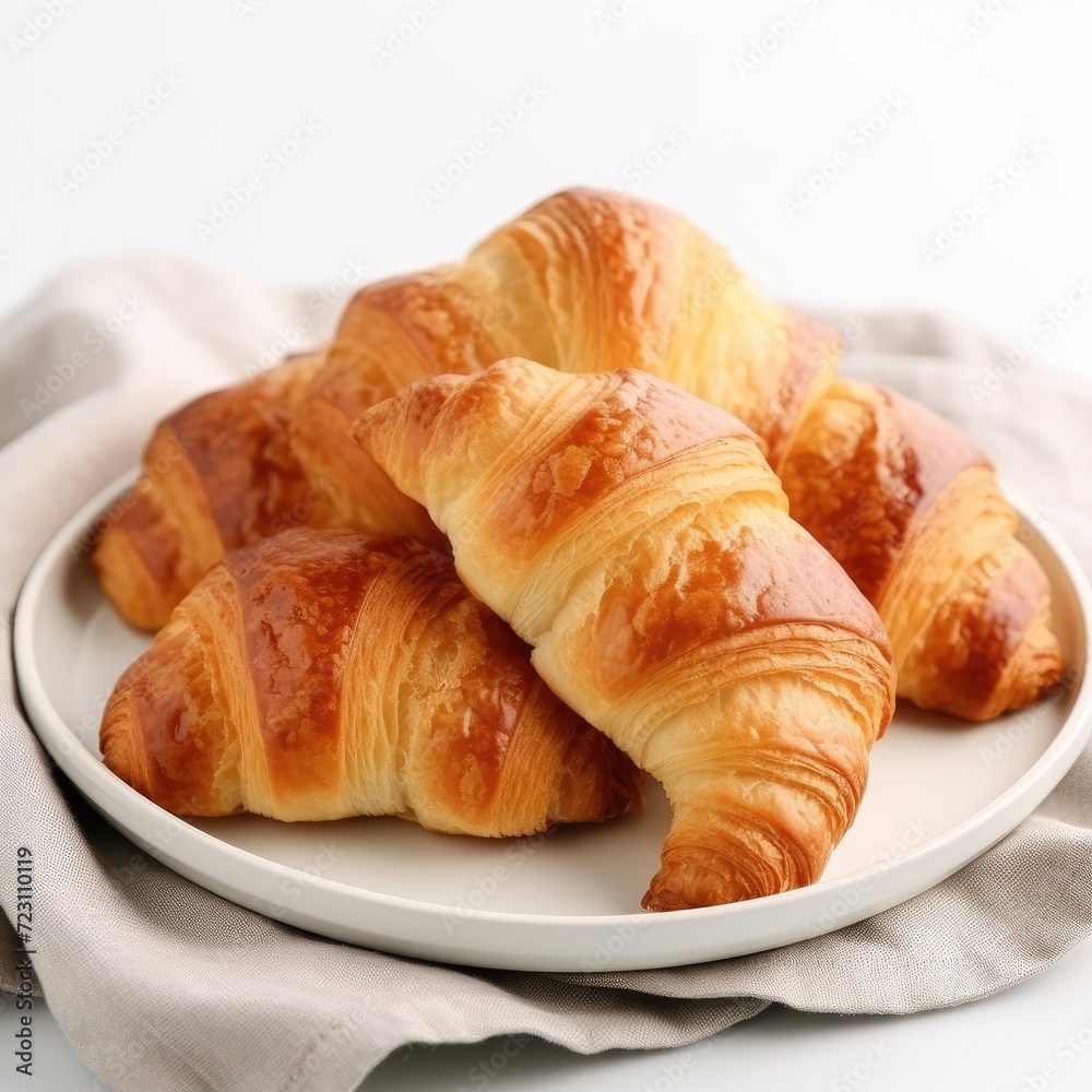 Fresh croissants on grey round plate on white wooden table, side view.
