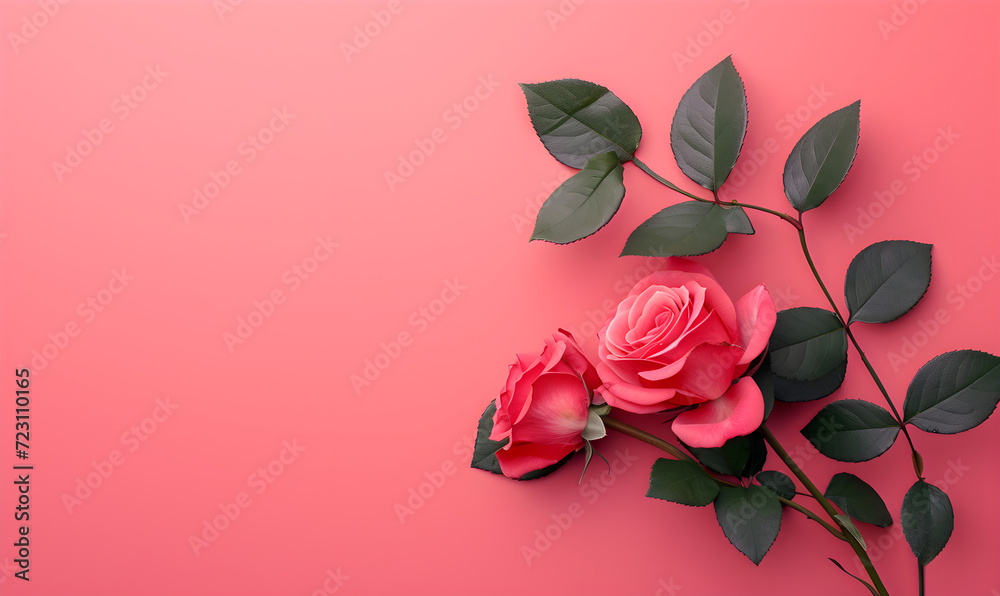 Banner with roses on pink background with copy space. Flat lay frame for Valentine's day, wedding, International Women's Day, Mother's Day, invitation. Greeting card template with flowers. Banner with roses on pink background with copy space. Flat lay frame for Valentine's day, wedding, International Women's Day, Mother's Day, invitation. Greeting card template with flowers.