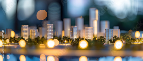 A miniature urban nightscape comes to life with glowing orbs and towering high-rises