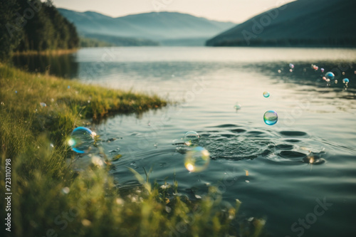 Water droplets on body of water. Generative AI.