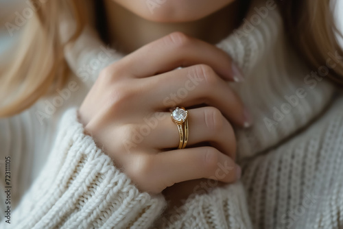 Closeup on the woman wearing a minimal gold and diamond ring