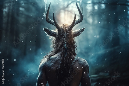 Generative ai collage picture of legendary creature minotaur in haunted fantasy woods