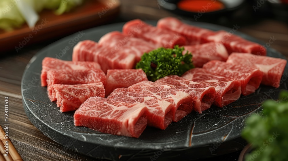 A highly realistic and visually appealing image of sliced fatty beef roll for hot pot. Generative AI.