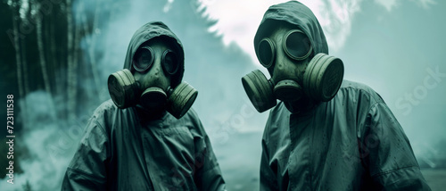Two figures in gas masks stand in a misty forest, a dystopian reality captured in a chilling scene