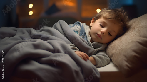 Photo of a cute little boy sleeping soundly in bed, covered with a soft blanket. Close-up photo