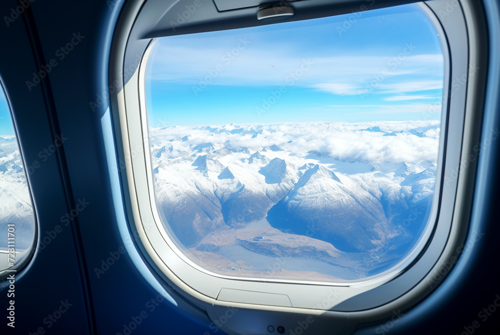 View from an airplane window, from an airplane cabin.