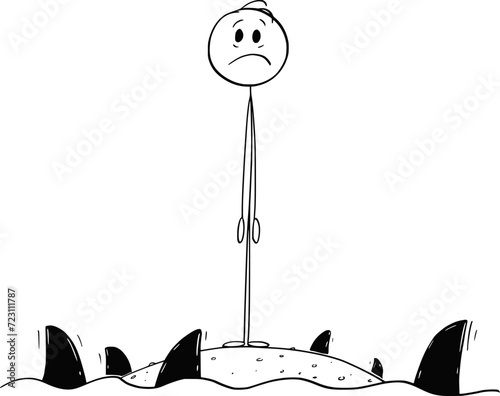 Person Standing Alone on Island Divided by Sea of Sharks, Vector Cartoon Stick Figure Illustration