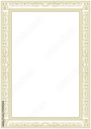Vintage gold frame with original ornament. Elegant vignettes around the entire perimeter of the sheet. Version No. 7. Format - A4. Cover, background. Vector illustration