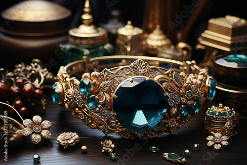 Antique Jewelry Collection: Vintage and timeless design. Closeup of gemstone jewelry pieces.
