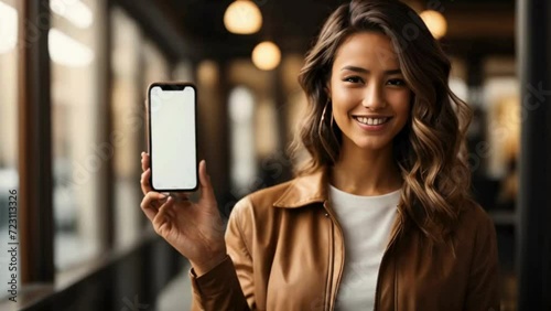 young woman with smartphone with a white screen photo