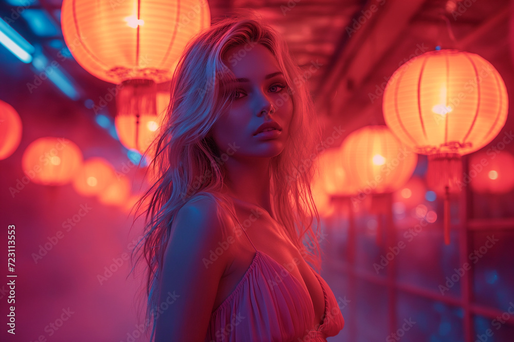 blonde woman in the evening city illuminated by neon light blonde woman in the evening city illuminated by neon light